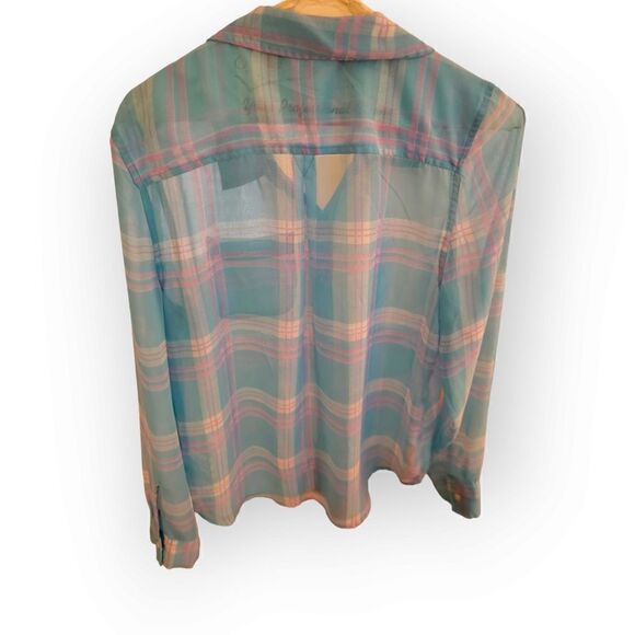 S0 Light Pink and Blue Plaid Sheer Button Up Long Sleeve Shirt RN73277 (Size L) - Picture 2 of 7